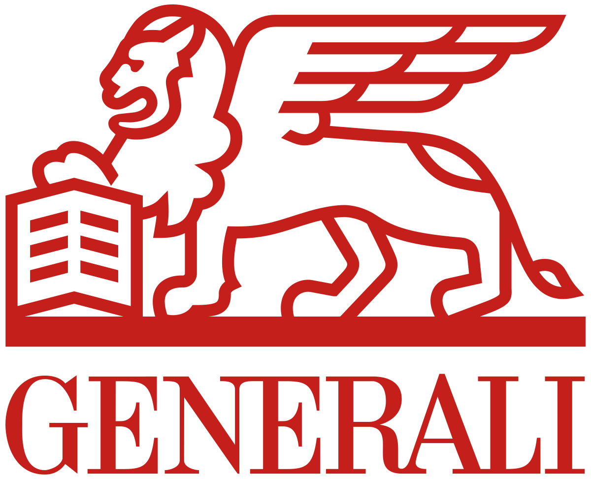 Logotipo de Generali, que presenta un león alado en color rojo junto a un edificio, simbolizando fortaleza y protección en el sector de seguros.