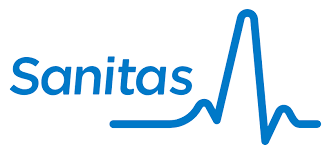 Logotipo de Sanitas, una empresa de servicios de salud, con un diseño que incluye un gráfico de pulso en color azul.