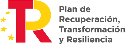 Logotipo del Plan de Recuperación, Transformación y Resiliencia de España, que incluye las letras "R" y "T" en colores rojo y amarillo, acompañadas de estrellas.